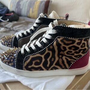 Leopard Print High-Top Sneakers with Studs